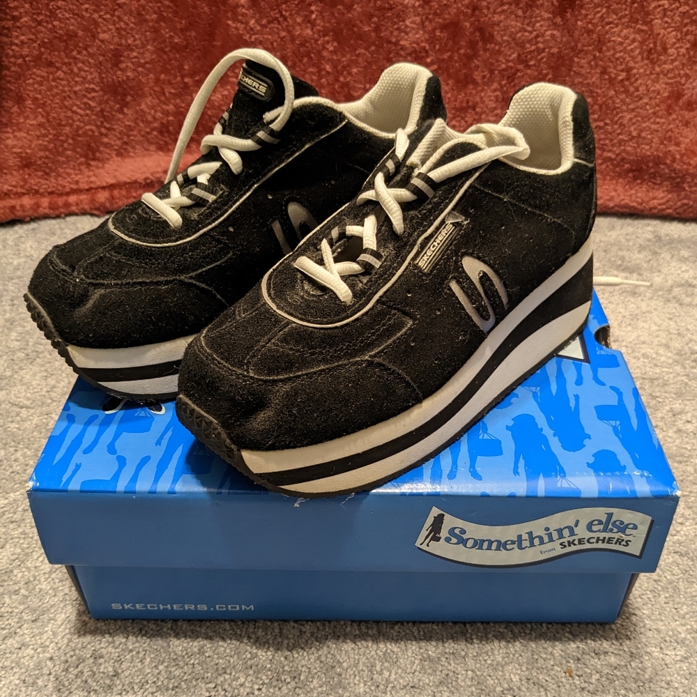 Vintage 90s Skechers platform sneakers black/silver sz 7 Suede